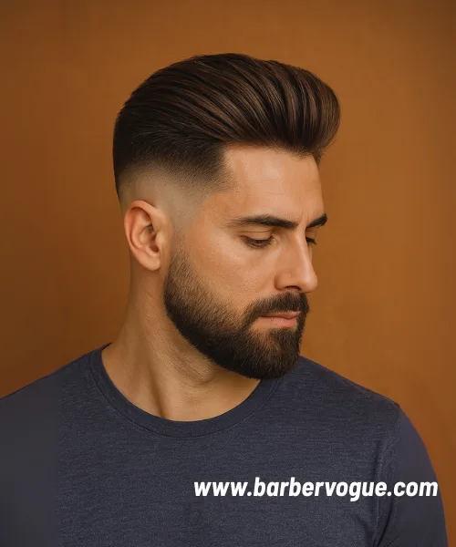 High Volume Brush Back with Mid Skin Fade and Beard