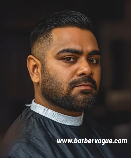 Short Slick Back with the Mid Fade and Beard